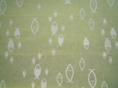 Tovaglietta per colazione, tessitura artigianale in misto lino/cotone, con disegno a pesci e finitura punto a giorno, colore verde salvia cm 45x60.