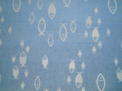 Tovagliolo, tessitura artigianale in misto lino/cotone, disegno con pesci di colore azzurro, finitura a punto giorno, cm 40x40open stitch, grey color available in size cm 40x40.